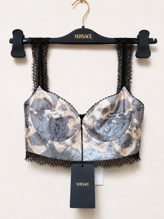 Versace Other - Silk Versace  Women's Printed Lace-Trim Longline Bralette - Gray & Cream